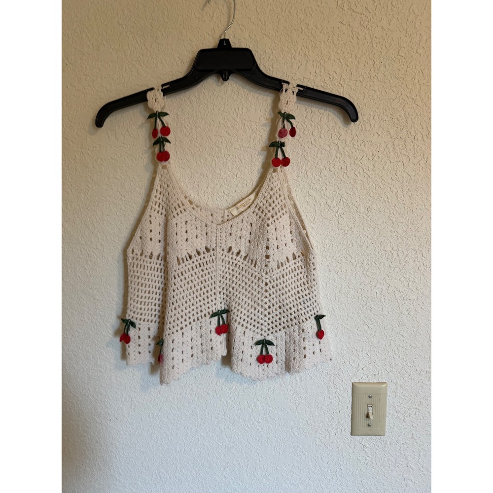 Rebellion Again Cream Crochet Cherry Applique Tank Top Camisole Womens Medium